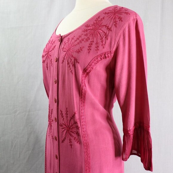 BFA Classic Embroidered Button Front Dress M Boho Fuchsia Rayon Midi Tie Back - Picture 8 of 16